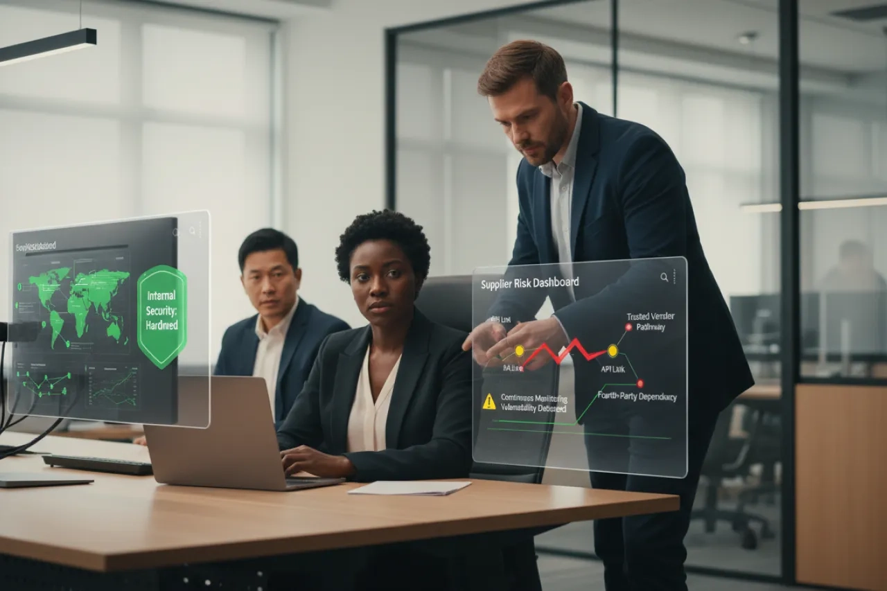 Scène de bureau réaliste montrant une équipe diverse face à un risque de cybersécurité provenant d’un fournisseur tiers, avec éléments visuels verts représentant les connexions fournisseurs, les alertes de surveillance continue et les failles indirectes dans la chaîne d’accès.