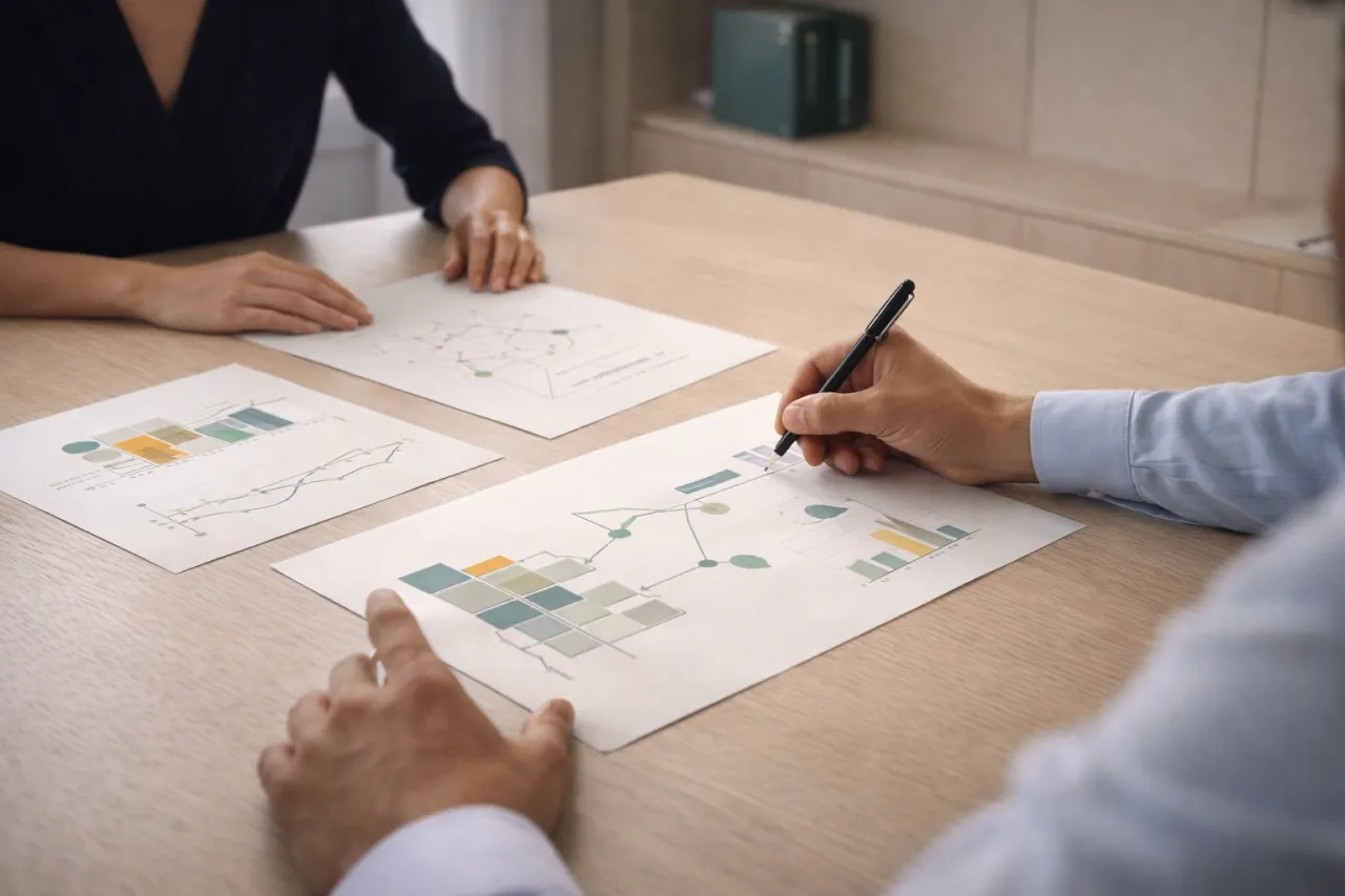 Réunion stratégique autour de schémas et graphiques abstraits posés sur une table en bois clair, avec geste de connexion entre diagrammes illustrant la traduction des indicateurs opérationnels en impact financier dans un programme TPRM.