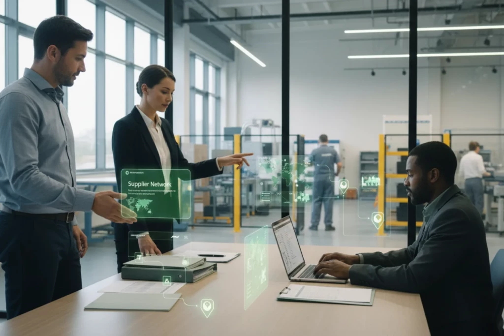 Équipe du secteur industriel dans un bureau relié à un environnement de production, avec éléments visuels verts montrant centralisation des données tiers, cartographie des fournisseurs de rang 1 à 3 et pilotage multi-rangs pour sécuriser la supply chain.