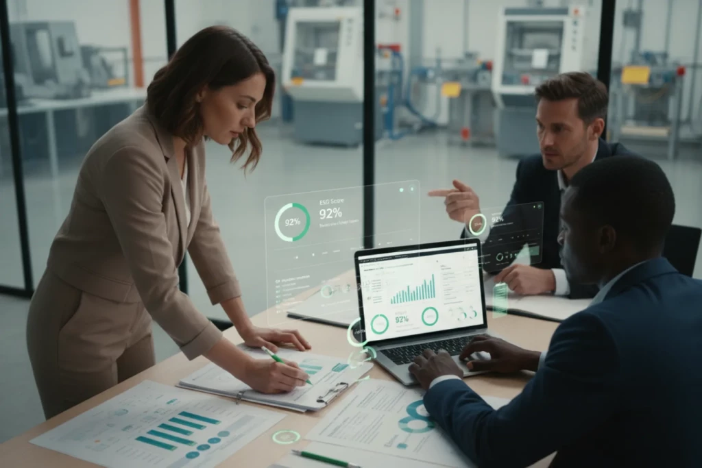 Équipe du secteur industriel autour d’une table de travail analysant les données RSE et QHSE fournisseurs, avec éléments visuels verts montrant indicateurs structurés, pièces justificatives, traçabilité des engagements et vision consolidée de l’impact global de l’écosystème.