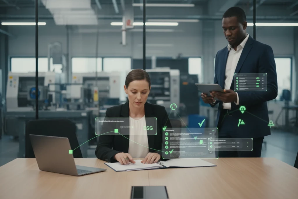 Équipe du secteur industriel en revue de conformité dans un bureau proche d’un site de production, avec éléments visuels verts montrant évaluations ESG traçables, centralisation des preuves, validations et mise à jour continue des informations de conformité.