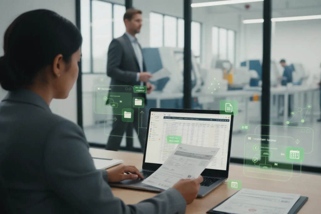 Professionnel du secteur industriel contrôlant des documents fournisseurs sur ordinateur dans un bureau relié à un atelier, avec éléments visuels verts montrant collecte digitale, détection de documents manquants ou expirés et validations assistées par IA.