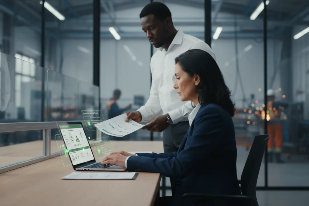 Professionnels du secteur industriel analysant la solidité financière de fournisseurs dans un bureau proche de la production, avec éléments visuels verts montrant signaux d’alerte précoces, dépendance, concentration et priorisation des tiers sensibles.
