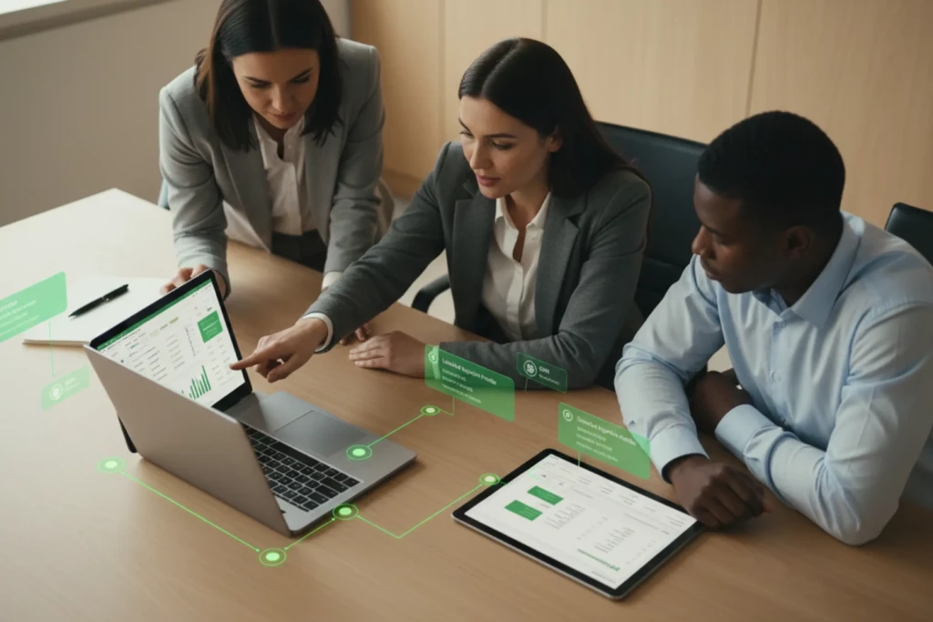 &Eacute;quipe diverse autour d&rsquo;un espace de travail connect&eacute;, avec &eacute;l&eacute;ments visuels verts montrant synchronisation des donn&eacute;es tiers entre ERP, CRM et SRM, coh&eacute;rence des informations et gouvernance centralis&eacute;e dans un syst&egrave;me de r&eacute;f&eacute;rence unique.