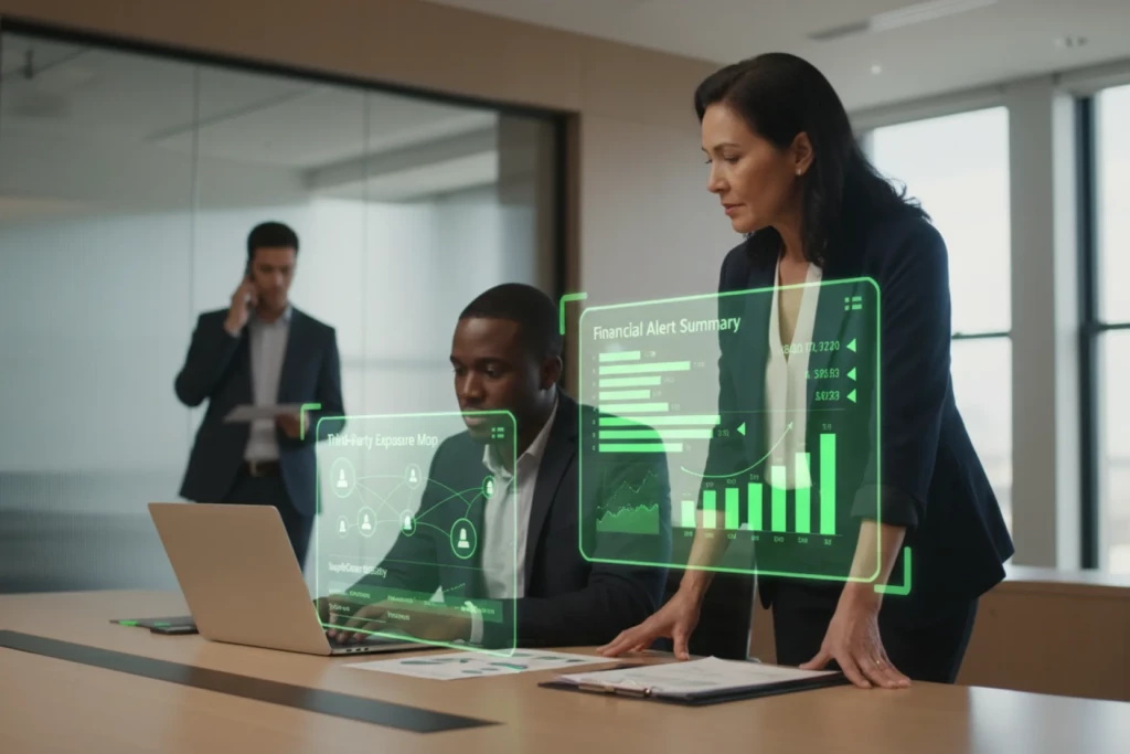 &Eacute;quipe en bureau moderne analysant la solidit&eacute; financi&egrave;re de tiers avec des &eacute;l&eacute;ments visuels verts montrant alertes, exposition consolid&eacute;e de l&rsquo;&eacute;cosyst&egrave;me fournisseurs, criticit&eacute; et priorisation des actions pour prot&eacute;ger la continuit&eacute; d&rsquo;activit&eacute;.