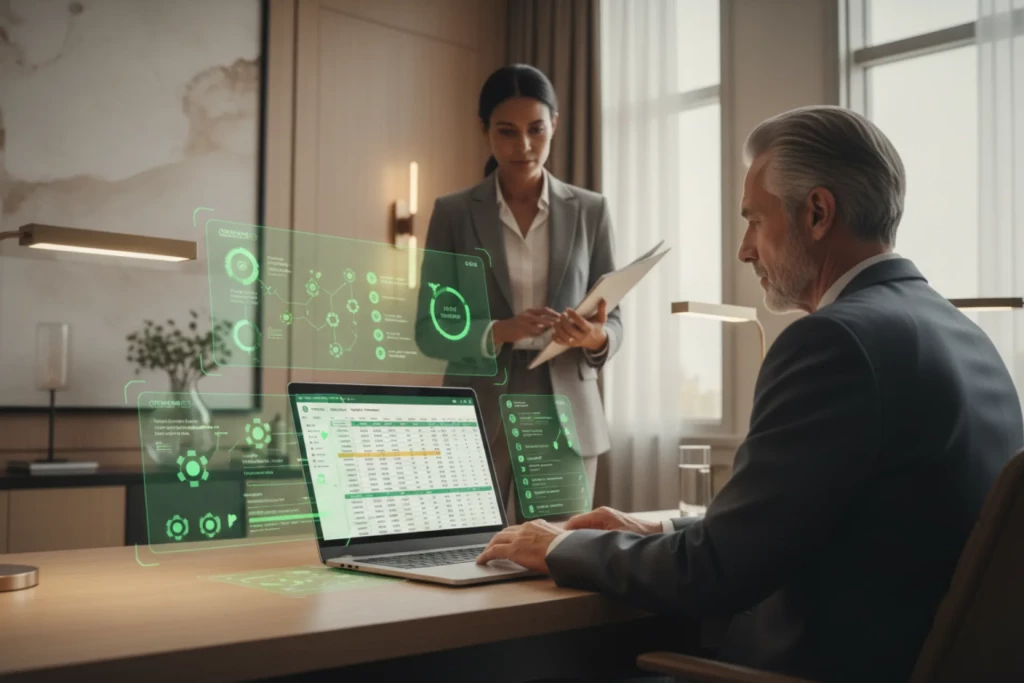 Professionnels du secteur du luxe analysant la solidité financière d’un fournisseur dans un bureau élégant, avec éléments visuels verts montrant signaux d’alerte précoces, risque de fraude aux coordonnées bancaires et surveillance de la dépendance financière.