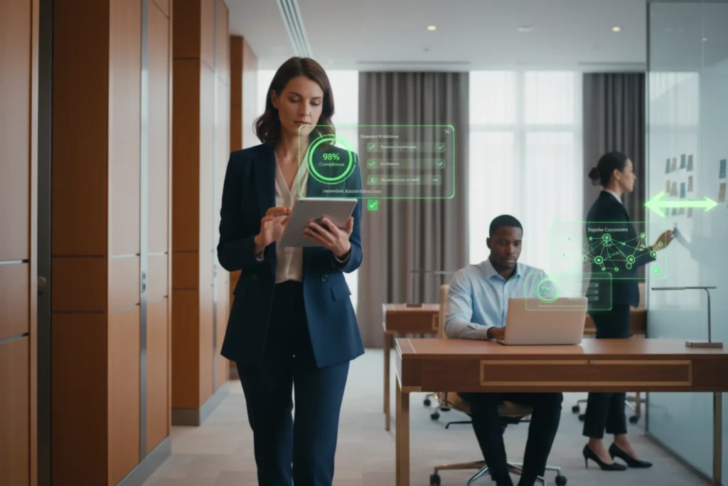 Équipe dans un environnement premium du luxe, avec éléments visuels verts montrant alertes en temps réel, avancement des évaluations fournisseurs, détection rapide des blocages et priorisation des actions correctives.