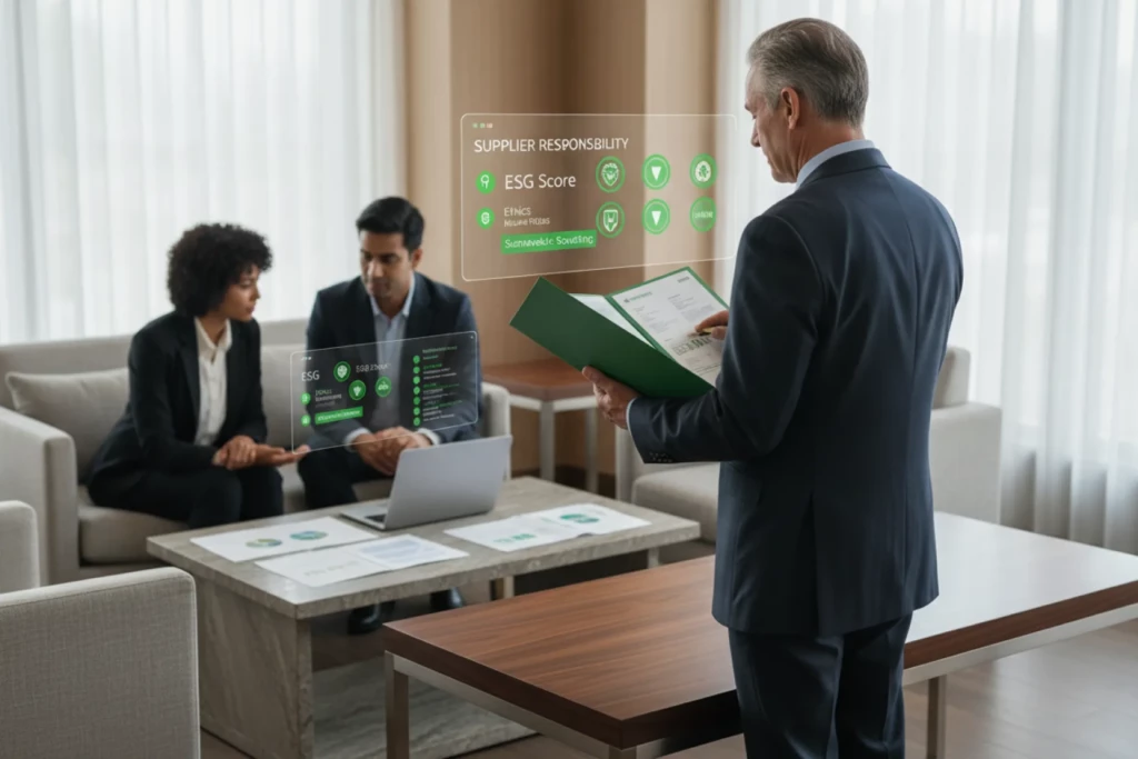Scène premium du secteur du luxe montrant des professionnels examinant la performance sociale, éthique et environnementale de fournisseurs, avec éléments visuels verts représentant scoring ESG, traçabilité et vision consolidée de la responsabilité de la supply chain.