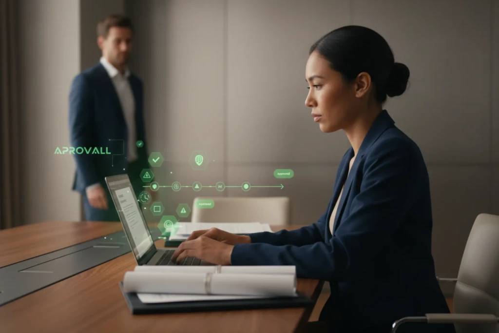 Professionnelle du secteur du luxe vérifiant des documents fournisseurs sur ordinateur dans un bureau élégant, avec éléments visuels verts montrant collecte automatisée, analyse documentaire par IA, onboarding sécurisé et détection des documents non conformes ou expirés.