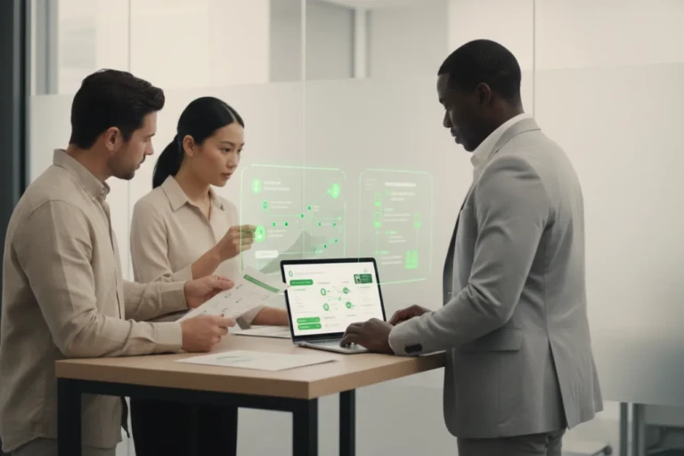 Accès prestataires : équipe cybersécurité dans un bureau lumineux pilotant la gouvernance RSSI, les contrôles d’accès tiers, les exceptions et la piste d’audit avec des repères visuels verts.