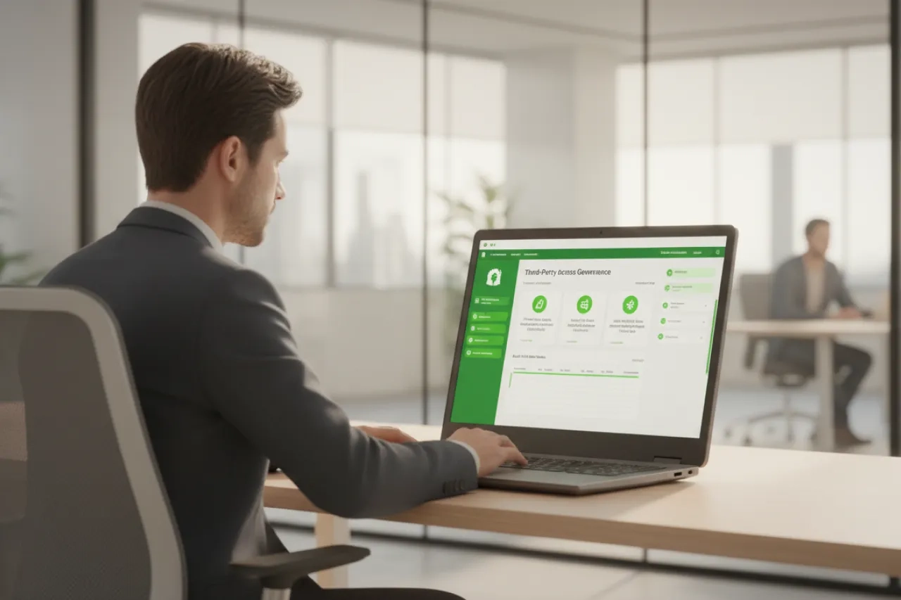 Accès prestataires : professionnel cybersécurité dans un bureau lumineux pilotant les contrôles d’accès, la traçabilité des sessions et la révocation des droits tiers avec des repères visuels verts.