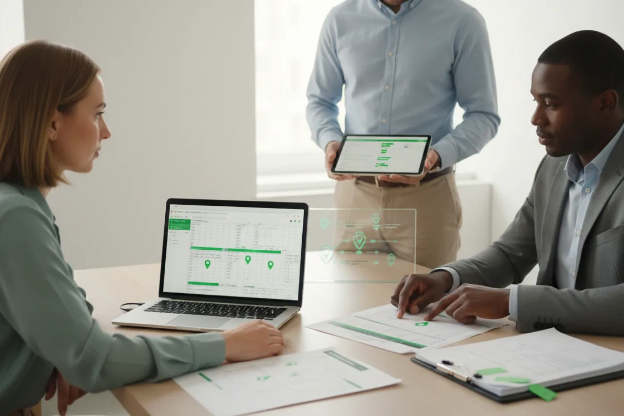 Audit tiers : &eacute;quipe en bureau lumineux pr&eacute;parant des preuves de gouvernance, une cartographie des tiers, des KPI/KRI et un suivi de rem&eacute;diation avec des rep&egrave;res visuels verts et une tra&ccedil;abilit&eacute; compl&egrave;te.