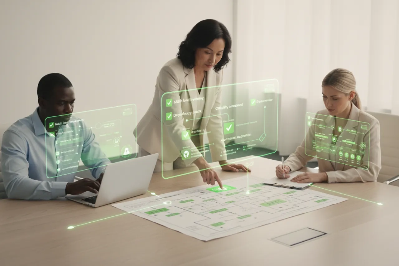 Tiers critiques : équipe en bureau lumineux cartographiant une matrice de dépendance et de criticité, avec repères visuels verts montrant continuité d’activité, monitoring et gouvernance des tiers.