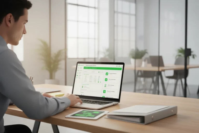 Conformité fournisseur : professionnel dans un bureau lumineux évaluant la maturité d’un fournisseur avant référencement, avec des repères visuels verts pour la due diligence, les preuves, le scoring et la traçabilité.