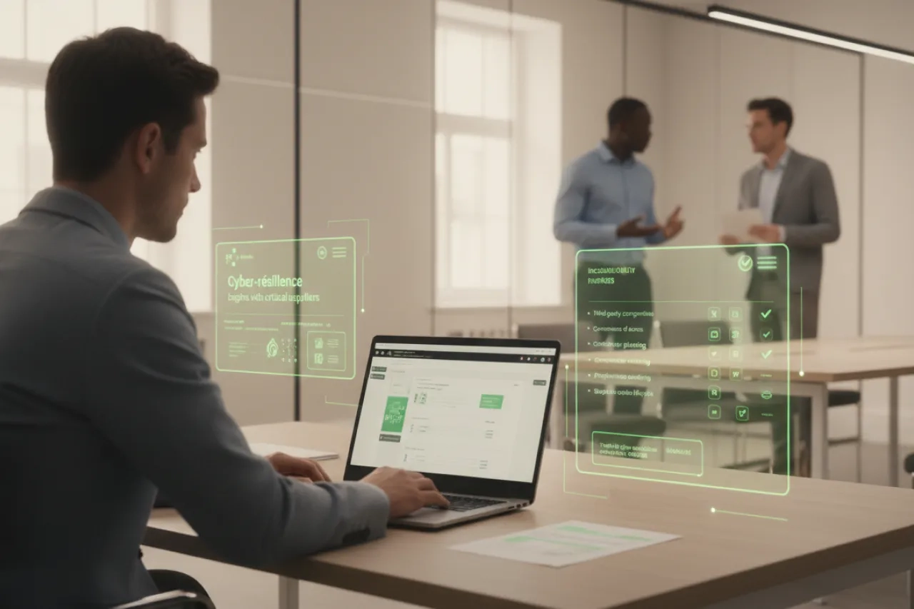 Cyber-résilience : équipe sécurité dans un bureau lumineux avec une ambiance légèrement glowy, pilotant les risques liés aux fournisseurs critiques, la gouvernance des accès et la continuité d’activité.