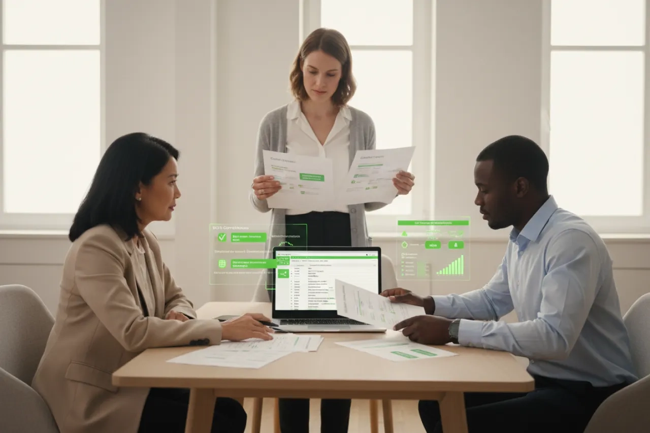 DORA compliance: team in a bright office reviewing ICT third-party governance with green visual markers for the Register of Information, contract controls, monitoring, concentration risk, and exit planning.