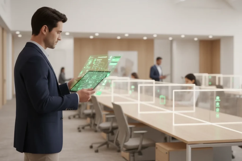 Enterprise TPRM : professionnel dans un bureau lumineux pilotant la gouvernance d&rsquo;un grand &eacute;cosyst&egrave;me fournisseurs avec des rep&egrave;res visuels verts montrant centralisation, criticit&eacute;, preuves et workflows continus.