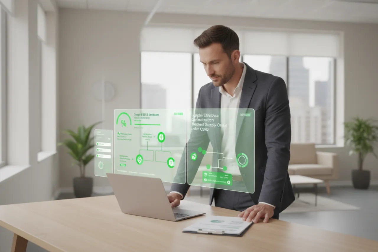 ESG supply : professionnel dans un bureau lumineux pilotant la collecte CSRD, le Scope 3 et la traçabilité des données fournisseurs avec des repères visuels verts.