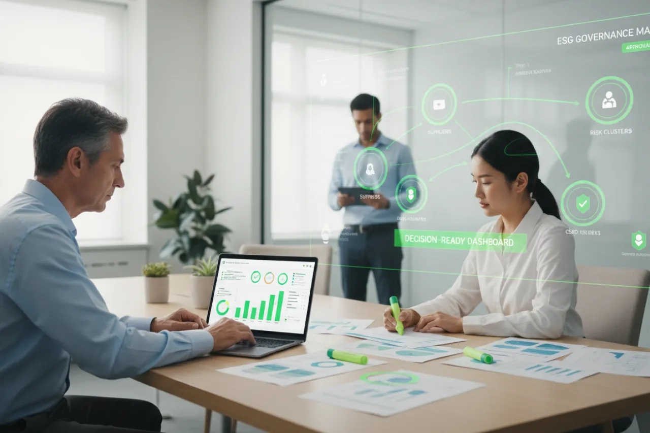 ESG supplier evaluation scene in a bright executive workspace showing a team analyzing structured ESG data, supplier risk indicators, and governance dashboards with green Aprovall-style markers for compliance, risk, and decision-making.