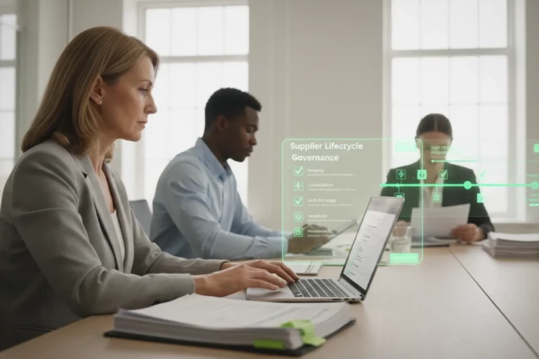 NIS2 DORA : équipe achats dans un bureau lumineux au rendu neutre pilotant les tiers critiques, les clauses contractuelles, les preuves et la stratégie de sortie avec des repères visuels verts.