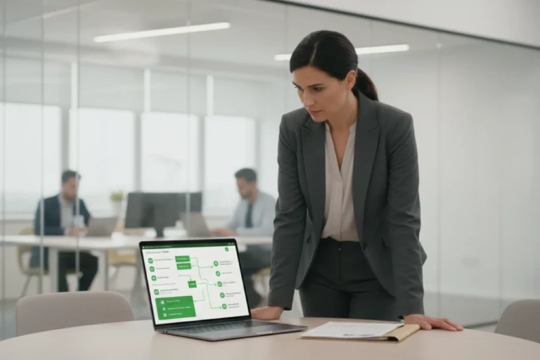 Plateforme TPRM : responsable achats dans un bureau lumineux pilotant un système de référence unique avec des repères visuels verts pour la gouvernance des tiers, la priorisation des risques et la traçabilité.