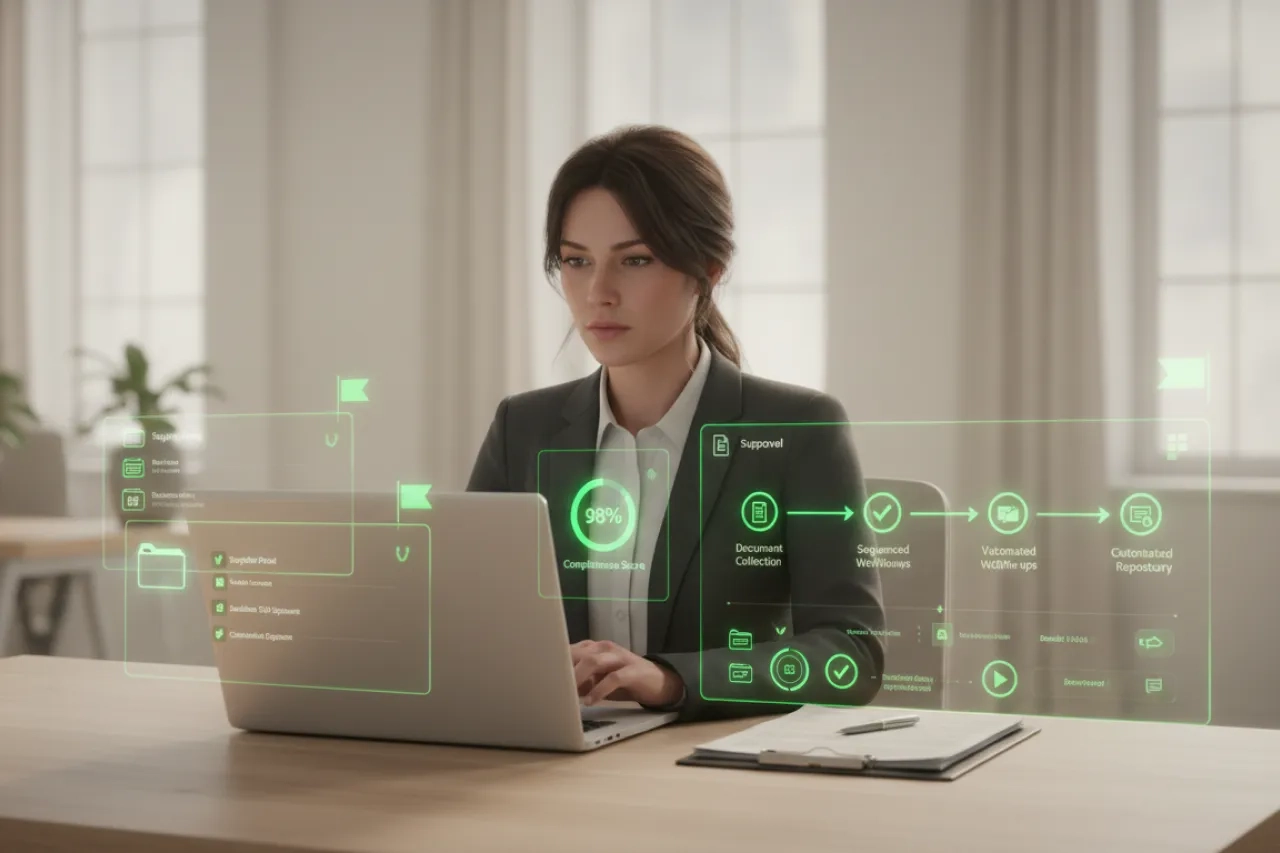 Preuves conformité : professionnel dans un bureau lumineux pilotant la collecte automatisée de documents fournisseurs, avec repères visuels verts montrant relances, échéances, validation et piste d’audit.