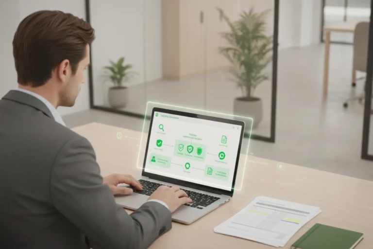 Risk assessment: professional in a bright office reviewing a third-party methodology with green visual markers for tiering, evidence, independent verification, monitoring, and audit-ready decisions.
