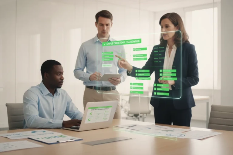 Risk governance: team in a bright office clarifying roles, accountability, escalation, and reporting across the third-party lifecycle with green visual markers for governance workflows and auditable decisions.