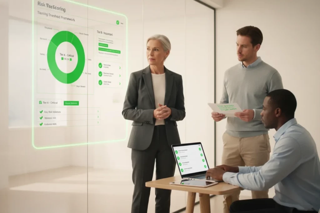Risk scoring : équipe en bureau lumineux construisant un modèle de risque tiers avec seuils, KRIs, preuves, priorisation et workflows de remédiation, visibles dans des repères visuels verts.