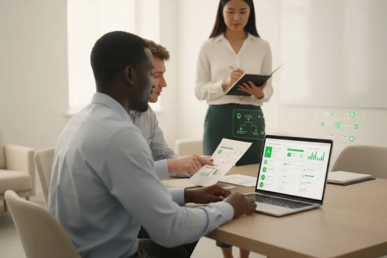 Risque fournisseur : équipe dans un bureau très lumineux analysant des indicateurs financiers, le BFR, des signaux faibles et des alertes précoces avec des repères visuels verts pour piloter la surveillance continue.