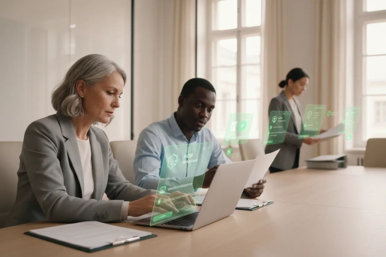 Risques tiers : &eacute;quipe du secteur public dans un bureau lumineux analysant gouvernance, RGPD, cybers&eacute;curit&eacute;, continuit&eacute; de service et preuves tra&ccedil;ables pour piloter des partenaires externes.