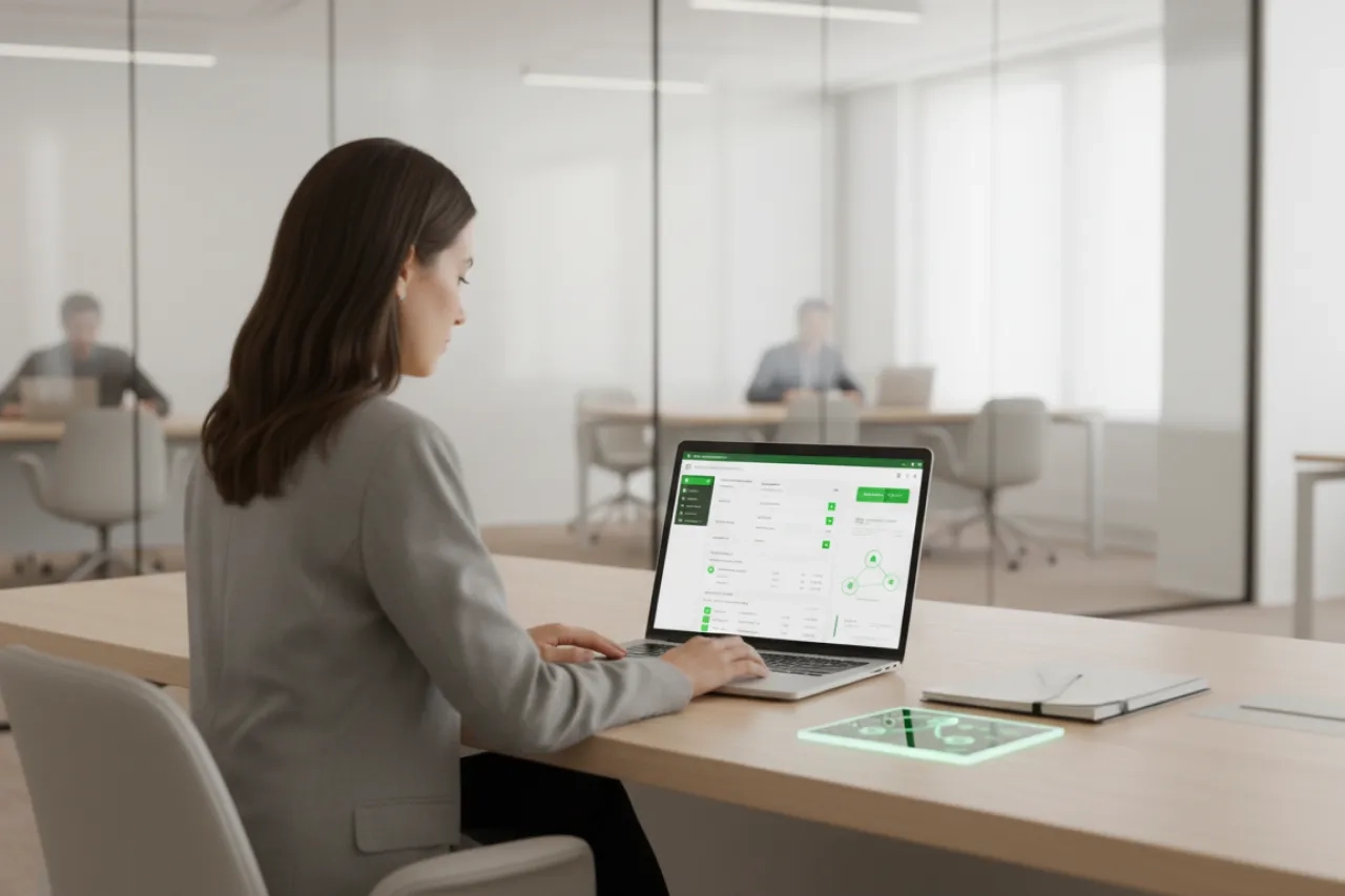 Supplier database: professional in a bright office managing structured supplier records with green visual markers for onboarding, audit trails, validation, and third-party governance.
