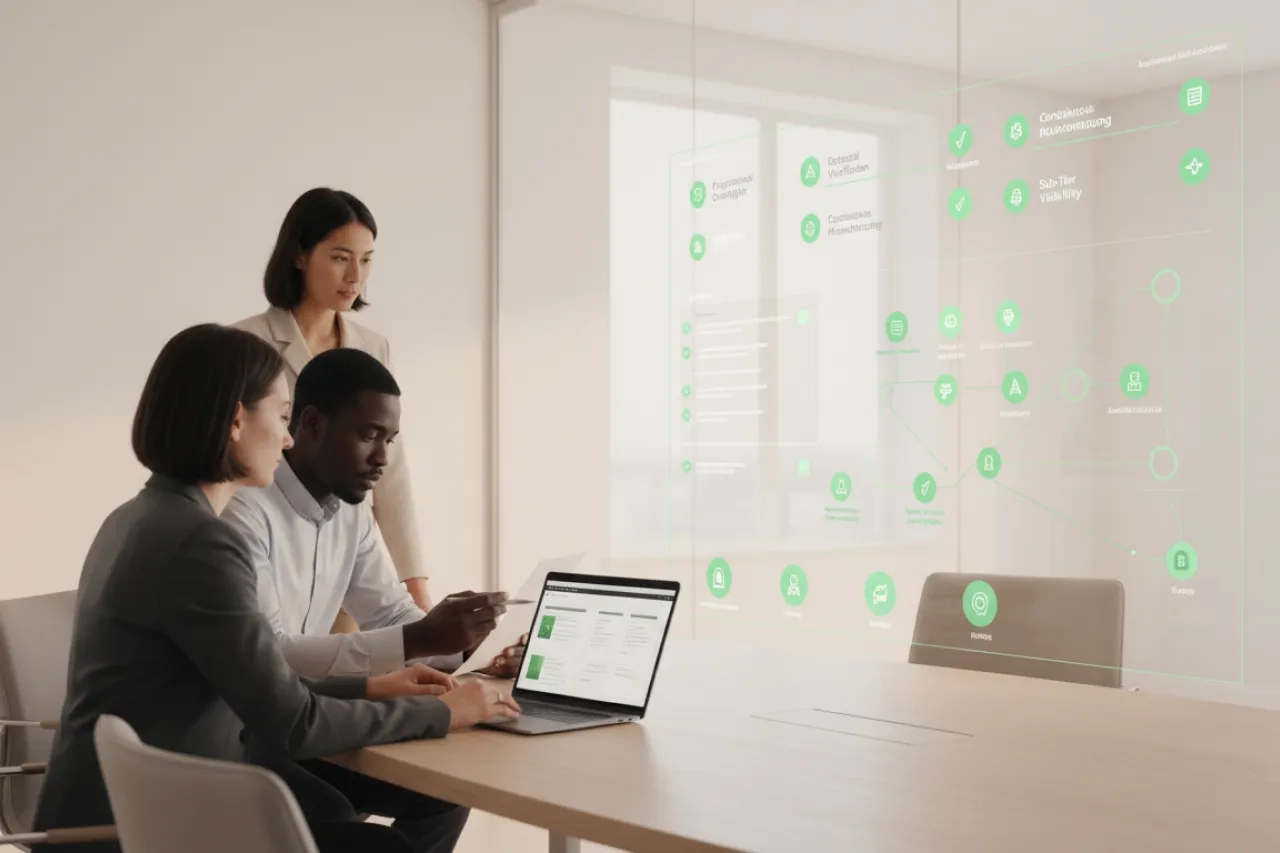 Supplier risk: team in a bright office reviewing supplier assessment with green visual markers for continuous monitoring, external verification, Tier 2 / Tier 3 visibility, and traceable decision-making.
