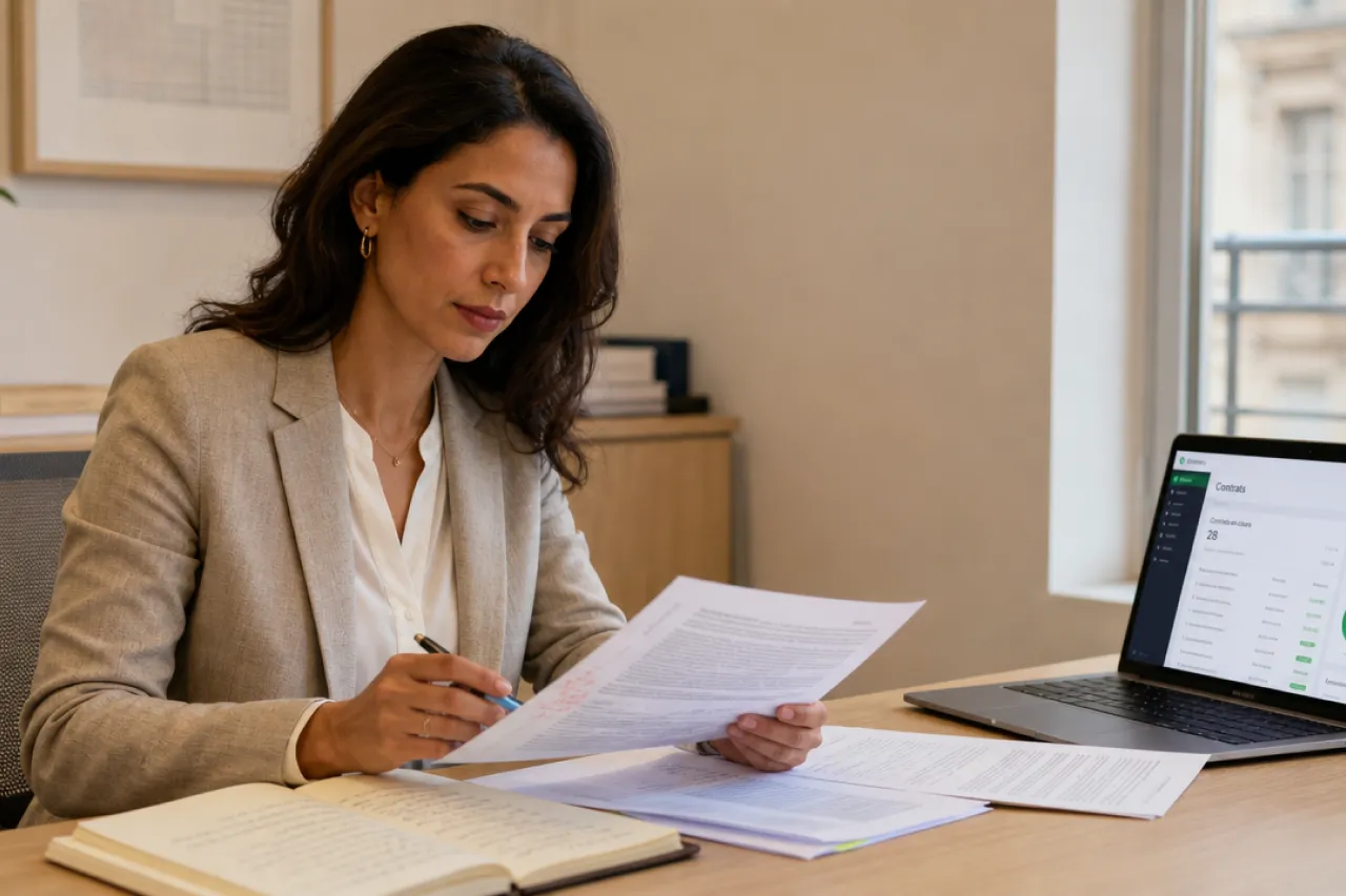 Responsable RH analysant un dossier de travail dissimulé dans un bureau moderne